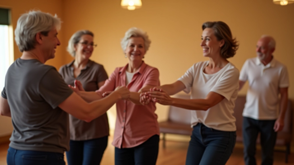 Diverse group of mature dancers at a Latin dance social event, celebrating together in a colorful community space