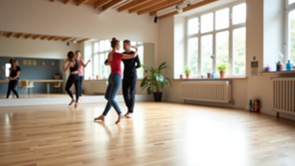 Indoor dance studio with wooden floor, large mirrors, and bright natural light from tall windows