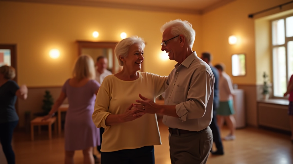 Senior couple dancing together at a community dance evening, smiling and moving to music in a bright hall